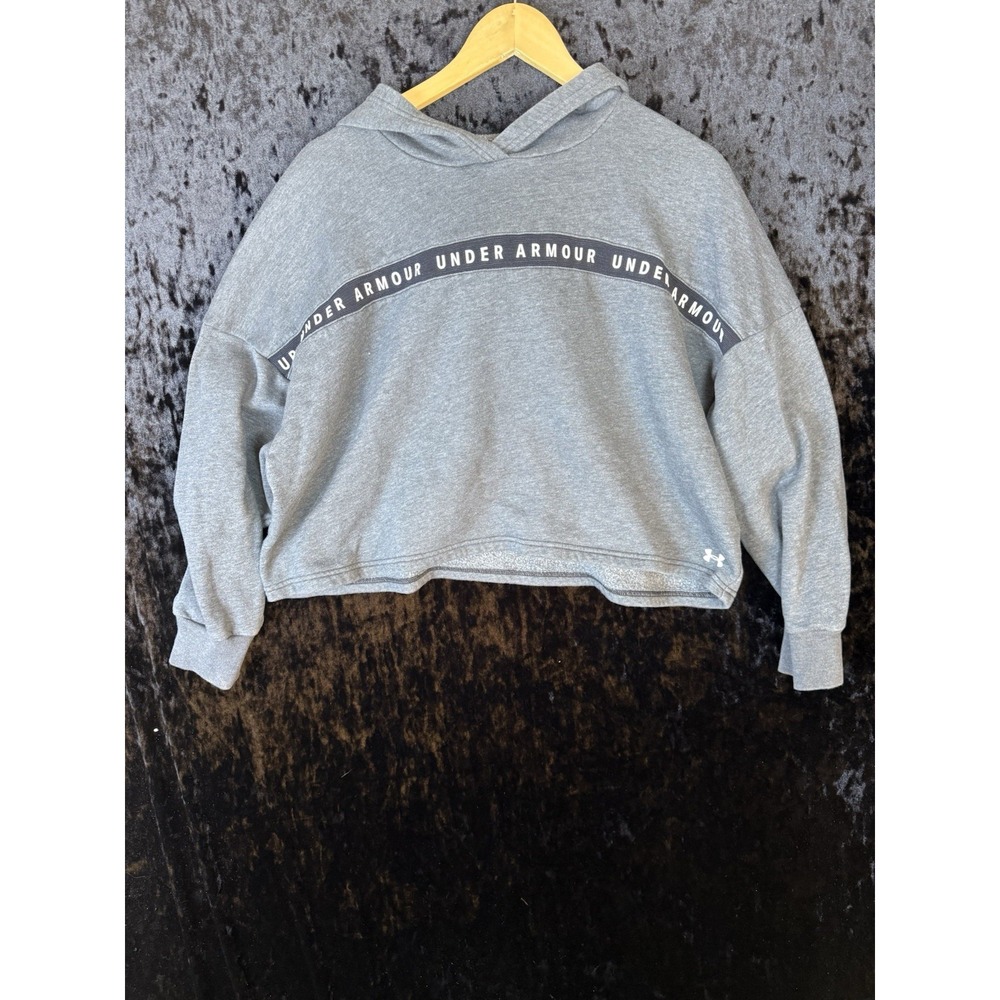 Under Armour Hoodie Womens M Gray Cropped Fleece‎ Hoodie Spellout Logo Casual
